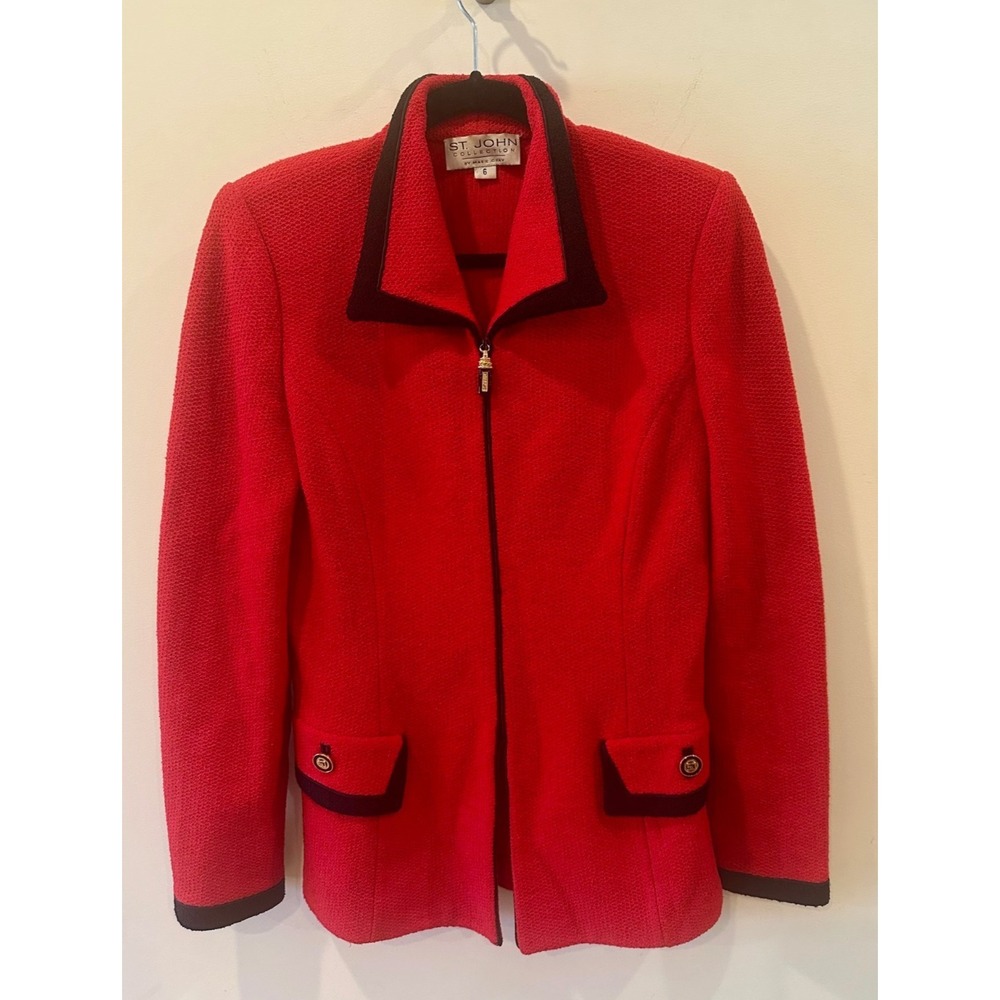 Vintage St John Collection by Marie GrayRed Santana Knit Blazer Sz 6 Gold Button